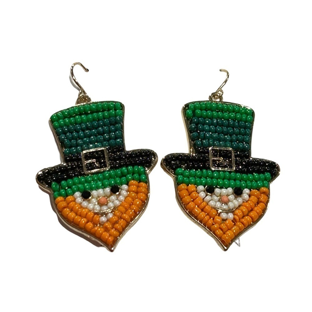 BLACK DIAMOND Seed Bead Encrusted Leprechaun Gold Tone Earrings